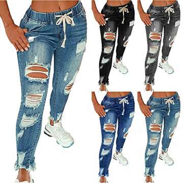 KUNMI Women High Waist Skinny Stretch Ripped Jeans - Comfortable Plus Size Denim Pants