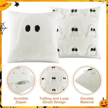 2 Pcs Halloween Pillow Covers Halloween Decorations 18 x 18 Inch Ghost Throw Pillow Covers Halloween Pillow Cases Holiday Cushion Cover Farmhouse Couch Case for Sofa Bed Home Indoor Outdoor Party Gift