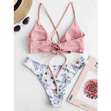ZAFUL Women's Scale Print Lace-up Crisscross Bralette Bikini Set Swimsuit (R-Light Pink, M)