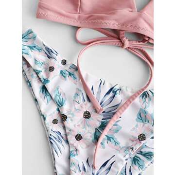 ZAFUL Women's Scale Print Lace-up Crisscross Bralette Bikini Set Swimsuit (R-Light Pink, M)