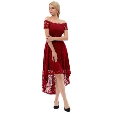 Dressystar Women's Lace Cocktail Dress Hi-Lo Off Shoulder Bridesmaid Swing Formal Party Dress 0042 DarkRed M