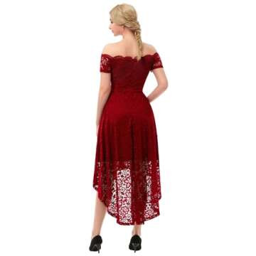 Dressystar Women's Lace Cocktail Dress Hi-Lo Off Shoulder Bridesmaid Swing Formal Party Dress 0042 DarkRed M