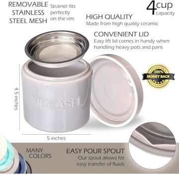 CYPRESS SUNRISE Bacon Grease Saver with Strainer - 32oz Ceramic Container for Kitchen Holds Bacon Fat Drippings Oil for Reuse - Keeper Can Hold Cooking Frying Oil - Dishwasher Safe