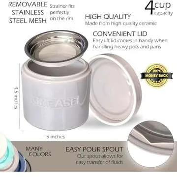 CYPRESS SUNRISE Bacon Grease Saver with Strainer - 32oz Ceramic Container for Kitchen Holds Bacon Fat Drippings Oil for Reuse - Keeper Can Hold Cooking Frying Oil - Dishwasher Safe