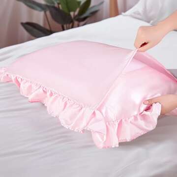 LINENLINE Ruffle Satin Pillowcase for Hair & Skin, Standard Size, Blush Pink, 20x26 Inches, Set of 2 with Envelope Closure, Similar to Silk Pillow Cases, Gifts for Girl