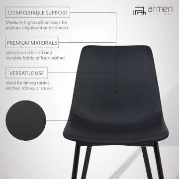 Armen Living Monte Mid Century Modern Dining Accent Chair for Table Kitchen Desk Vanity in Black Faux Leather with Black Metal Legs
