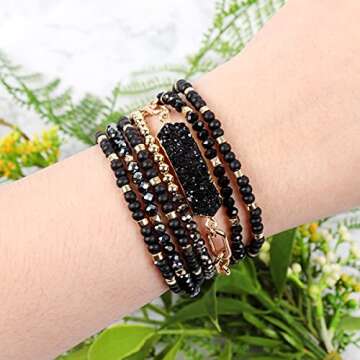 RIAH FASHION Bohemian Acrylic Druzy Multi-Layer Bead Statement Bracelet - Versatile Stone Pendant St...