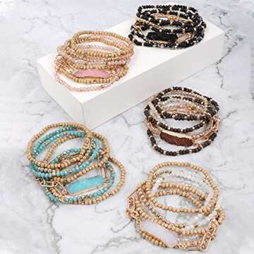 RIAH FASHION Bohemian Acrylic Druzy Multi-Layer Bead Statement Bracelet - Versatile Stone Pendant Stretch Stackable Bangle Set (Hexa Druzy Wood Mix - Brown)