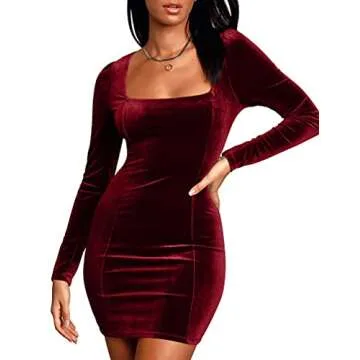 cailami Women's Sexy Bodycon Long Sleeve Velvet Elegant Mini Homecoming Party Dresses, Small, Burgun...