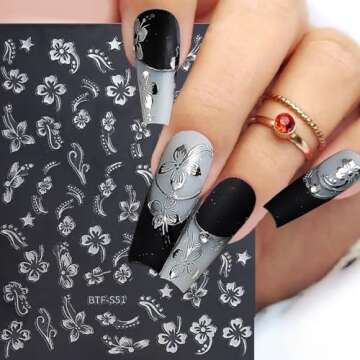 6Sheets Hibiscus Flower Nail Stickers White Pink Nail Decals Elegant Floral Petal Wavy Line Strip Tropical Leaf Designs French Tip Sticker for Women Nail Supplies Spring Nail Decorations Accessories