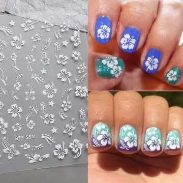 6Sheets Hibiscus Flower Nail Stickers White Pink Nail Decals Elegant Floral Petal Wavy Line Strip Tropical Leaf Designs French Tip Sticker for Women Nail Supplies Spring Nail Decorations Accessories