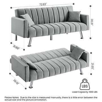 Recaceik Modern Futon Bed, Convertible Sofa Upholstered LoveSeat Couch Living Room Folding Sleeper w...