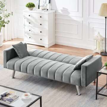 Recaceik Modern Futon Bed, Convertible Sofa Upholstered LoveSeat Couch Living Room Folding Sleeper with 2 Pillows Furniture for Small Apartment, Space, Home Office, Large, Grey
