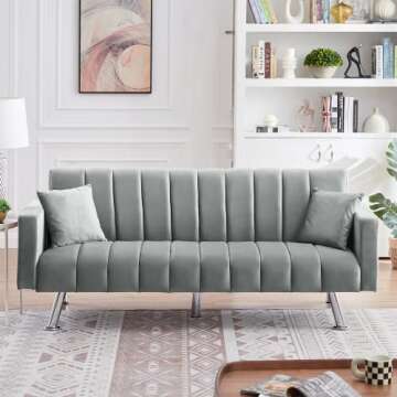 Recaceik Modern Futon Bed, Convertible Sofa Upholstered LoveSeat Couch Living Room Folding Sleeper with 2 Pillows Furniture for Small Apartment, Space, Home Office, Large, Grey