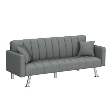 Recaceik Modern Futon Bed, Convertible Sofa Upholstered LoveSeat Couch Living Room Folding Sleeper with 2 Pillows Furniture for Small Apartment, Space, Home Office, Large, Grey