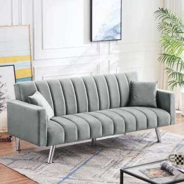 Recaceik Modern Futon Bed, Convertible Sofa Upholstered LoveSeat Couch Living Room Folding Sleeper with 2 Pillows Furniture for Small Apartment, Space, Home Office, Large, Grey