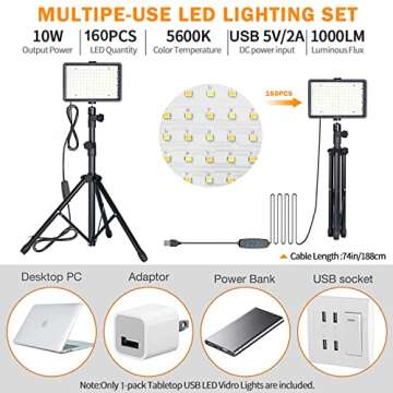 SVOPY Dimmable LED Video Light - 5600K USB Photography Lighting Kit with Adjustable Tripod Stand and 4 Color Filters, Portable Studio Light for Live Broadcast/Photography, Tabletop
