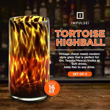 IMPULSE! Tortoise Leopard Print Brown 16 oz. Highball Rocks Glasses, Set of 4 - Stylish Stemless Coc...