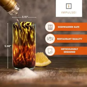 IMPULSE! Tortoise Leopard Print Brown 16 oz. Highball Rocks Glasses, Set of 4 - Stylish Stemless Cocktail Cups Glass - Ideal Glassware Tumbler for Gin, Tequila, Vodka, Soft Drinks