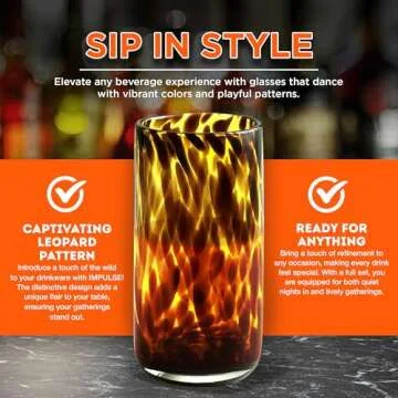 IMPULSE! Tortoise Leopard Print Brown 16 oz. Highball Rocks Glasses, Set of 4 - Stylish Stemless Cocktail Cups Glass - Ideal Glassware Tumbler for Gin, Tequila, Vodka, Soft Drinks