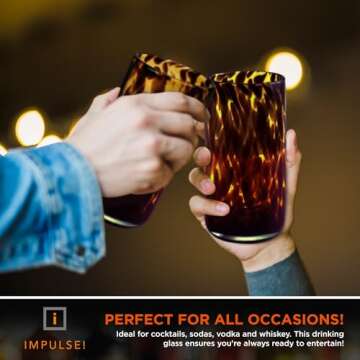 IMPULSE! Tortoise Leopard Print Brown 16 oz. Highball Rocks Glasses, Set of 4 - Stylish Stemless Cocktail Cups Glass - Ideal Glassware Tumbler for Gin, Tequila, Vodka, Soft Drinks