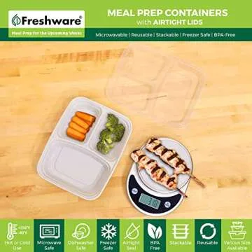 Freshware Meal Prep Containers [25 Pack] 3 Compartment with Lids, Food Storage Containers, Bento Box...