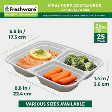 Freshware Meal Prep Containers [25 Pack] 3 Compartment with Lids, Food Storage Containers, Bento Box, BPA Free, Stackable, Microwave/Dishwasher/Freezer Safe (24 oz)