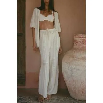 Imily Bela Women's Summer 2 Piece Swimsuit Cover up Crochet Knit Cardigan Tops Long Pants Set Bathin...