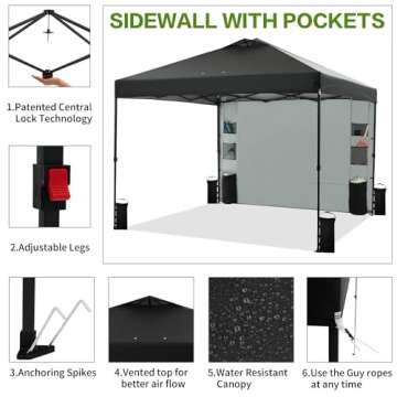 Tunbne 10'x10' 1-Person Setup Pop Up Canopy Tent with Sidewall and 6 Pockets, Patented One Push, Instant Shade Canopy with Vented Roof for Outdoor, Case, 8 Stakes, 4 Ropes, 4 Sandbags (Black)