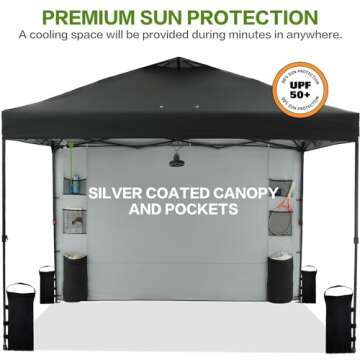 Tunbne 10'x10' 1-Person Setup Pop Up Canopy Tent with Sidewall and 6 Pockets, Patented One Push, Instant Shade Canopy with Vented Roof for Outdoor, Case, 8 Stakes, 4 Ropes, 4 Sandbags (Black)