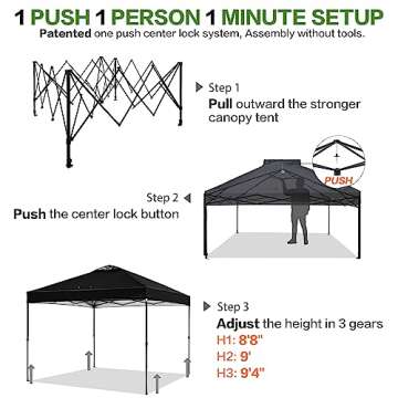 Tunbne 10'x10' 1-Person Setup Pop Up Canopy Tent with Sidewall and 6 Pockets, Patented One Push, Instant Shade Canopy with Vented Roof for Outdoor, Case, 8 Stakes, 4 Ropes, 4 Sandbags (Black)