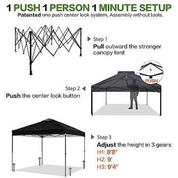Tunbne 10'x10' 1-Person Setup Pop Up Canopy Tent with Sidewall and 6 Pockets, Patented One Push, Instant Shade Canopy with Vented Roof for Outdoor, Case, 8 Stakes, 4 Ropes, 4 Sandbags (Black)