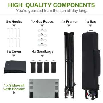 Tunbne 10'x10' 1-Person Setup Pop Up Canopy Tent with Sidewall and 6 Pockets, Patented One Push, Instant Shade Canopy with Vented Roof for Outdoor, Case, 8 Stakes, 4 Ropes, 4 Sandbags (Black)