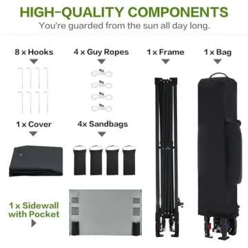 Tunbne 10'x10' 1-Person Setup Pop Up Canopy Tent with Sidewall and 6 Pockets, Patented One Push, Instant Shade Canopy with Vented Roof for Outdoor, Case, 8 Stakes, 4 Ropes, 4 Sandbags (Black)