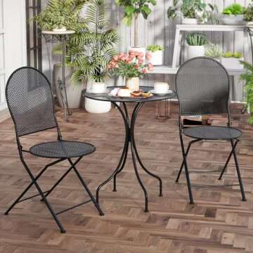 Tangkula 3 Pieces Patio Bistro Set, Metal Table and Folding Chair Set for 2, Outdoor Garden Furnitur...