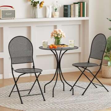 Tangkula 3 Pieces Patio Bistro Set, Metal Table and Folding Chair Set for 2, Outdoor Garden Furniture Set with Round Table & 2 Folding Chairs, Indoor Outdoor Bistro Set for Garden, Yard, Porch