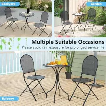 Tangkula 3 Pieces Patio Bistro Set, Metal Table and Folding Chair Set for 2, Outdoor Garden Furniture Set with Round Table & 2 Folding Chairs, Indoor Outdoor Bistro Set for Garden, Yard, Porch
