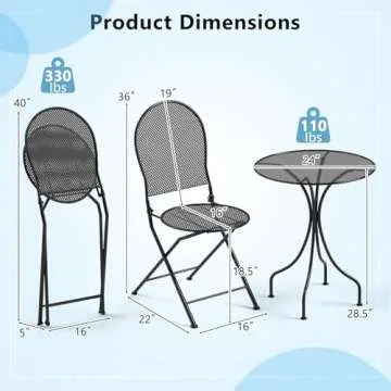 Tangkula 3 Pieces Patio Bistro Set, Metal Table and Folding Chair Set for 2, Outdoor Garden Furniture Set with Round Table & 2 Folding Chairs, Indoor Outdoor Bistro Set for Garden, Yard, Porch