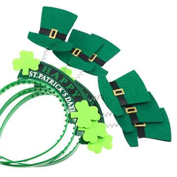 6 Pieces Irish St. Patricks Day Green Shamrock Headband and Fabric Shamrock Head Bopper Hat for Spring Festive Party Head Wear