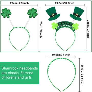 6 Pieces Irish St. Patricks Day Green Shamrock Headband and Fabric Shamrock Head Bopper Hat for Spring Festive Party Head Wear