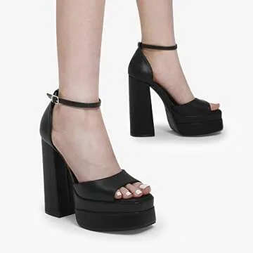 DREAM PAIRS Black High Heels Chunky Block Platform Heels for Women Ankle Strap Sexy Open Square Toe Heels Dressy Pumps Sandals SDHS2324W Size 8