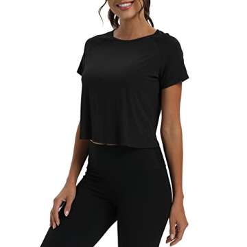 Mippo Short Sleeve Athletic Tops Workout Shirts Exercise Clothes Gym Running Crop Top Tshirts for Women Loose Fit Black M