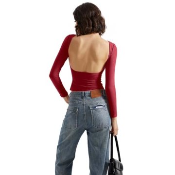 SUUKSESS Women Backless Buttery Soft Top Wine Red
