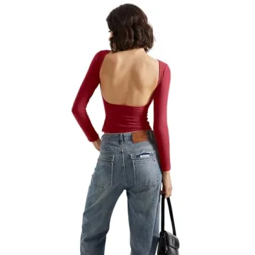 SUUKSESS Women Backless Buttery Soft Top Wine Red