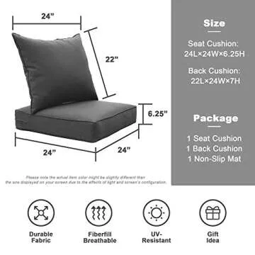 SewKer Outdoor/Indoor 24Lx24W Chair Cushion Set, All Weather Spring/Summer Deep Seat Patio Furniture Replacement Cushions Set(Back and seat) - Modern Grey