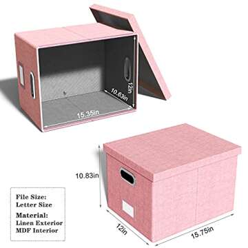 Oterri File Organizer Box,Filing Box with Lid,File Box for Letter/Legal File Folder Storage, Portable Hanging File Box for Office/Decor/Home,1 Pack,New-pink-Box only