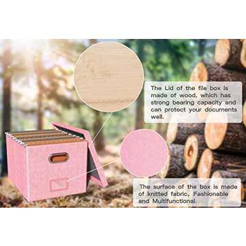 Oterri File Organizer Box,Filing Box with Lid,File Box for Letter/Legal File Folder Storage, Portable Hanging File Box for Office/Decor/Home,1 Pack,New-pink-Box only