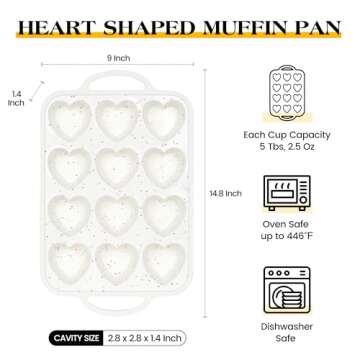 AOTASO 2 Pcs Heart Shaped Muffin Pan for Baking 12 Cup Silicone Heart Cake Mold for Valentine's Day Nonstick Cupcake Tray with Metal Reinforced Frame (Cream)