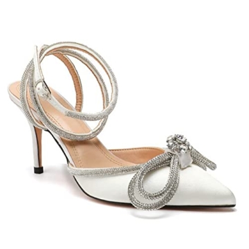 AMINUGAL Womens Rhinestones Bow Heeled Sandals Ankle Strap Pointed Toe Stiletto High Heels Dress Pumps For Wonen