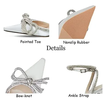 AMINUGAL Womens Rhinestones Bow Heeled Sandals Ankle Strap Pointed Toe Stiletto High Heels Dress Pumps For Wonen